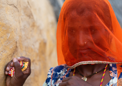 Portrait of a rajasthani woman hidding her face under an orange sari, Rajasthan, Jaisalmer, India
