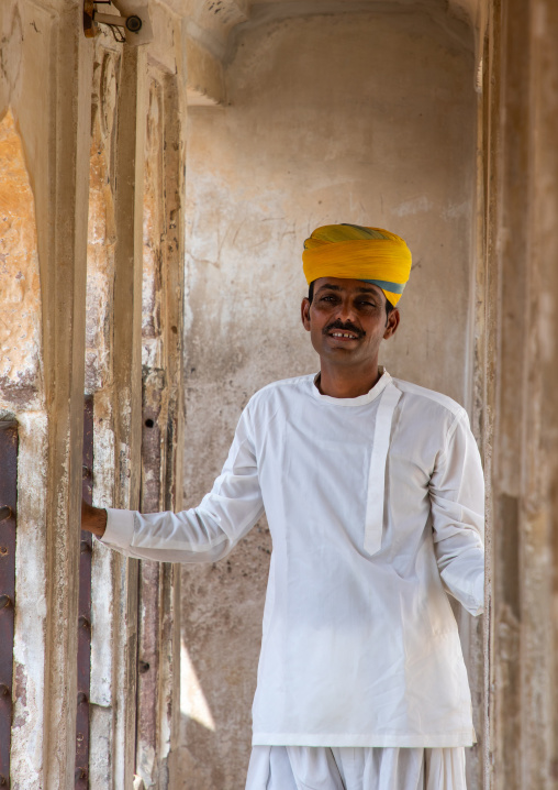 Portrait of a rajasthani guard in the fort in traditional clothing, Rajasthan, Jodhpur, India