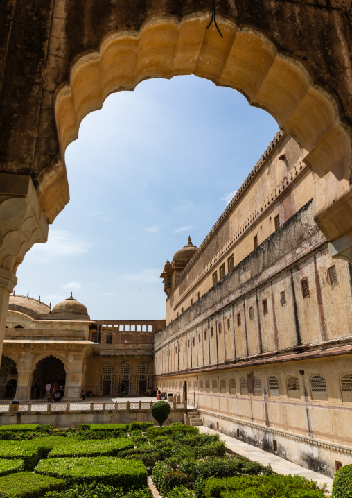 Ornamental garden on terrace at Amer fort and palace, Rajasthan, Amer, India