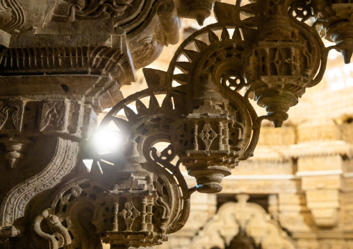 Stone carvings decorations inside the jain temple, Rajasthan, Jaisalmer, India