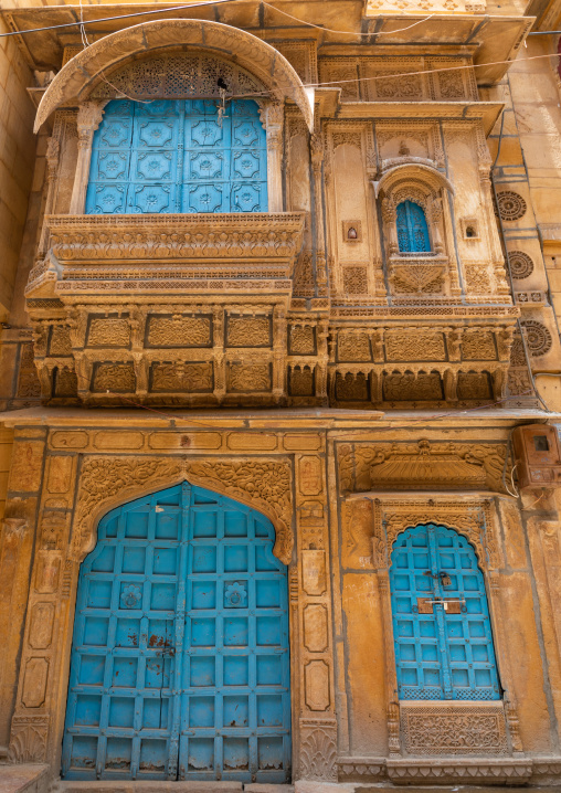 Blue door of an old haveli, Rajasthan, Jaisalmer, India