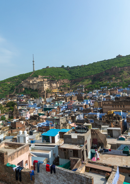 View of the city with the blue brahmin houses, Rajasthan, Bundi, India