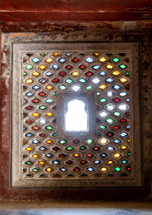 Multi coloured stained glass windows in Taragarh fort, Rajasthan, Bundi, India