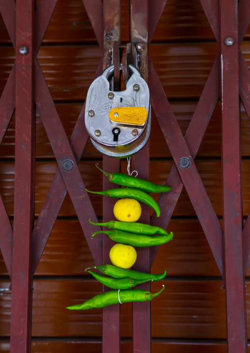 Lemon and green chilli tied on a thread hung outside a door to keep away Alakshmi, Rajasthan, Jaipur, India