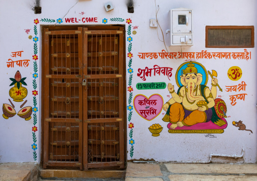 Murals depicting ganesh on a haveli, Rajasthan, Jaisalmer, India