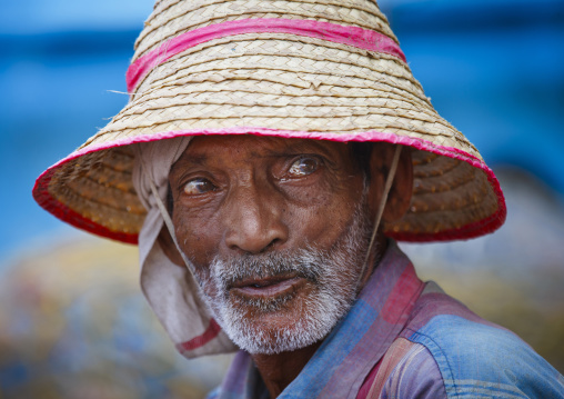 Portrait Of An Old Fisherman Wearing A Straw Hat, Mahe, India