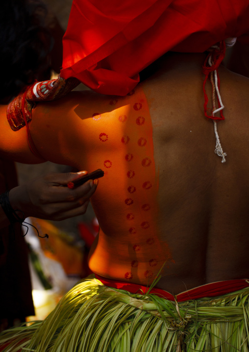Theyyam Artist Having Make Up Applied On His Back, Thalassery, India