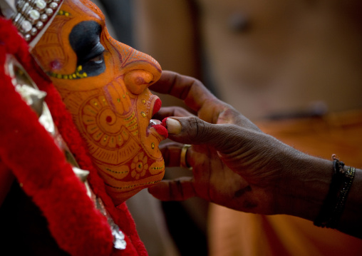 Theyyam Artist Having Make Up Applied On His Face, Thalassery, India