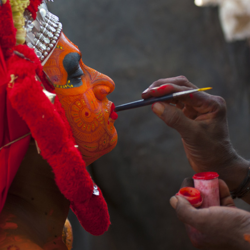 Theyyam Artist Having Make Up Applied On His Face, Thalassery, India