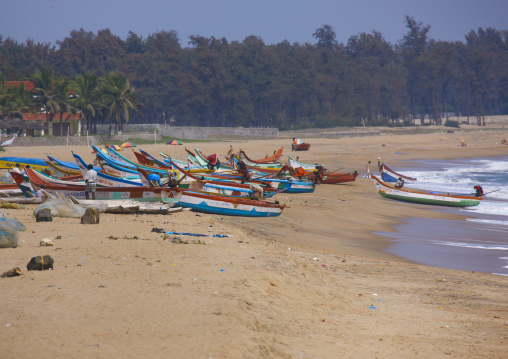 Row Of Colorful Small Fishing Boat On Mahabalipuram Beach, India