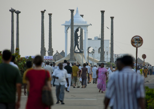 The Crowd Passing-by Along Mahatma Gandhi Statue At Pondicherry Waterfront, India