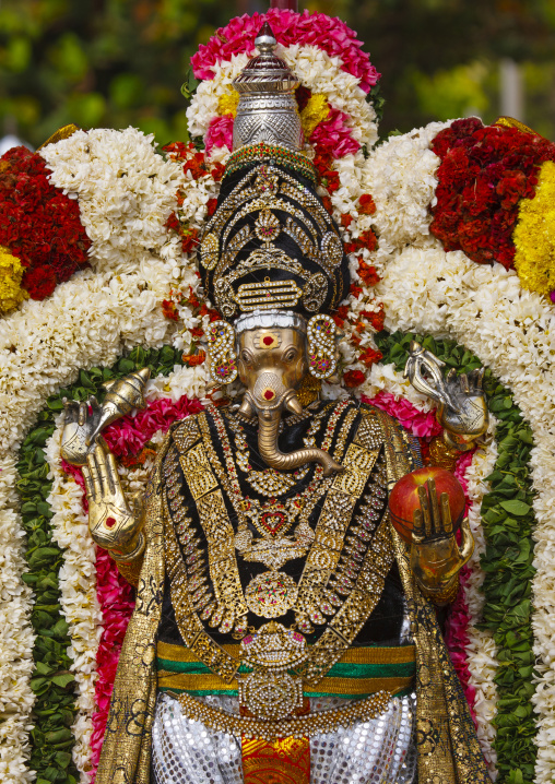 Golden Statue Of Lord Ganesha Adorned With Flowers And Holding An Apple During Masi Magam Festival, Pondicherry, India