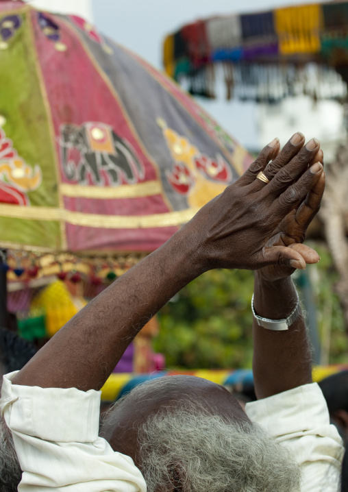 Bald Man Raising His Arms Above His Head During Masi Magam Festival In Pondicherry, India