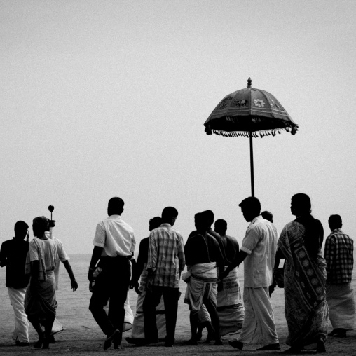 Group Of Worshipers Going To The See To Bath Idols Of Deities During Masi Magam Festival, Pondicherry, India