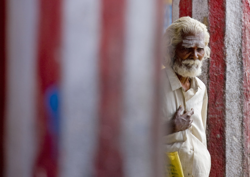 Old Hindu Man Passing-by A Red And White Painted Hall, Chidambaram, India