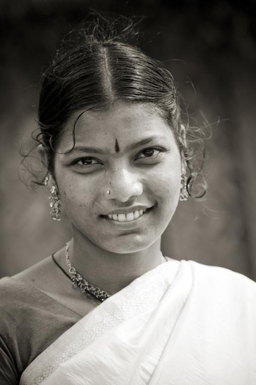 Portrait Of A Smiling Young Woman With Typical Clothing And Jewellery, Pondicherry, India