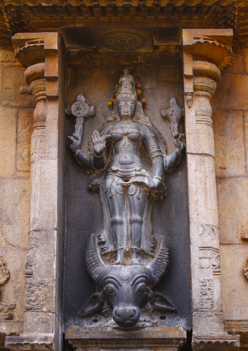 Carving Of Vishnu Durgai Standing On A Buffalo Head Base At The Brihadishwara Temple, Thanjavur, India