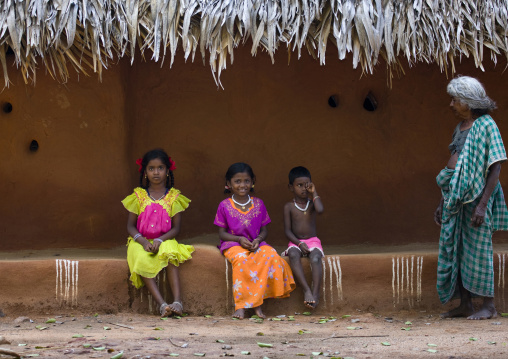 South Indian Kids In Front Of Their Adobe House, Madurai, India