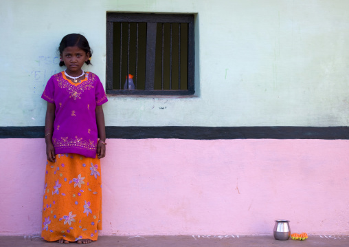 Little Girl With A Necklace In Front Of A Traditional House In Tamil Nadu, Madurai, India