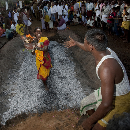 Suffering Woman Holding A Jar On Fire In Her Hands Succeeding Fire Walking Ritual, Madurai, South India