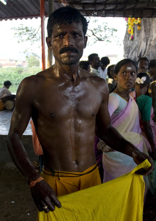 Indian Soaked Man With A Mustache Posing Shirtless At A Fire Walking Ritual, Madurai, South India