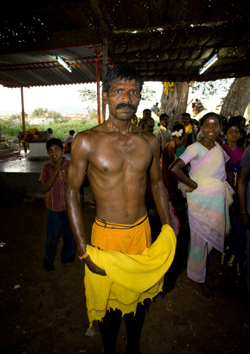 Indian Soaked Man With A Mustache Posing Shirtless At A Fire Walking Ritual, Madurai, South India