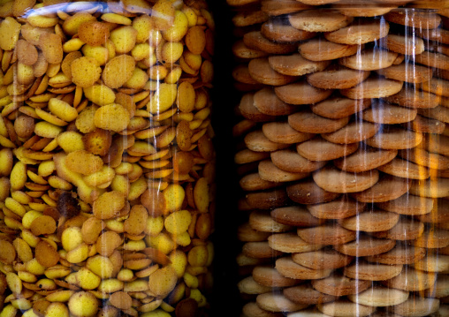 Pile Of Biscuits Stored In Glass Jars, Pondicherry, India