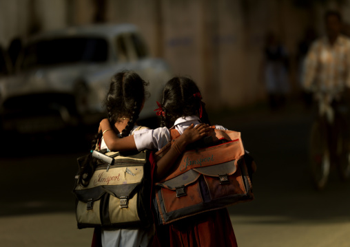 Pondichery Pupils With Satchels On Their Backs, Pondicherry, India