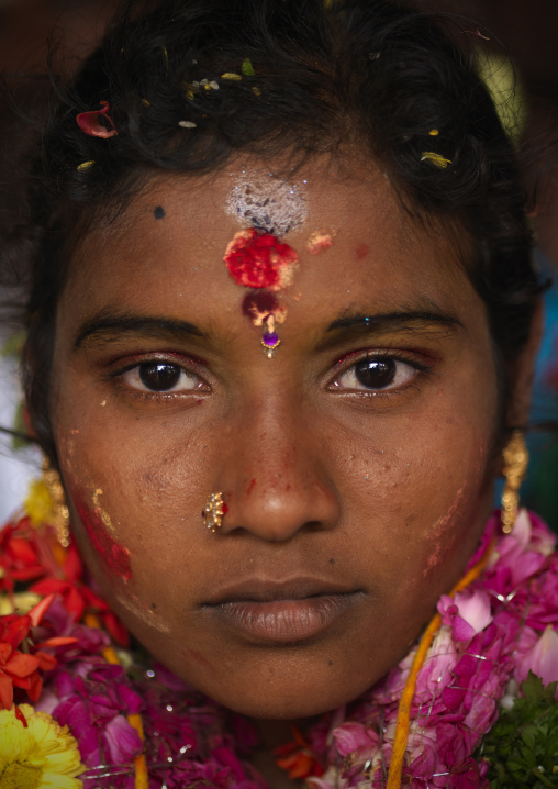 Young Bride With Traditional Painting On Her Forehead Jewels And A Flower Garland  During The Wedding, Trichy, India