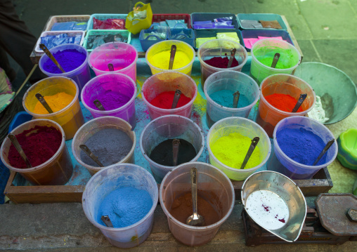 Several Buckets Of Coloured Powders For Holi, Pondicherry, India