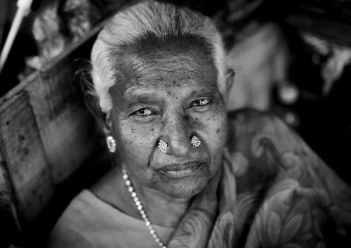 Portrait Of An Old Woman With White Hairs And Nose Piercings, Pondicherry, India