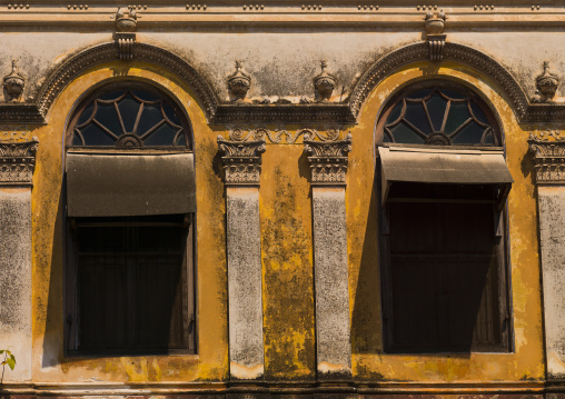 Two Windows Of An Old House With Decrepit Wall, Pondicherry, India