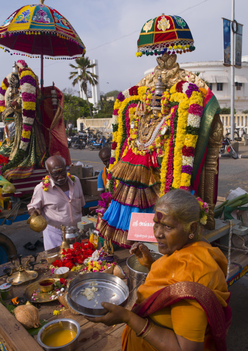 Group Of Devotees Bringing Offerings For The Deities During Masi Magam Festival, Pondicherry, India