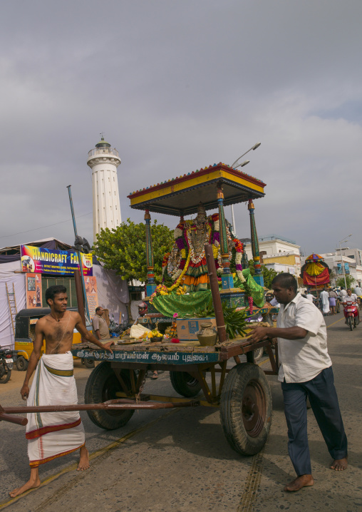 Men Pulling A Float Carrying The Statue Of A Hindu Deity During Masi Magam Festival, Pondicherry, India