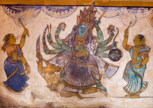 Colorful Frescoes Of Lord Shiva On Walls Of Inner Courtyard In The Brihadishwara Temple, Thanjavur, India