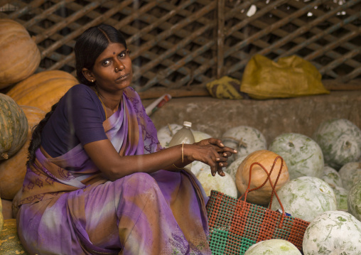 Seller Sitting On Her Stalls Of Pumpkins And Watermelons At Trichy Market, India