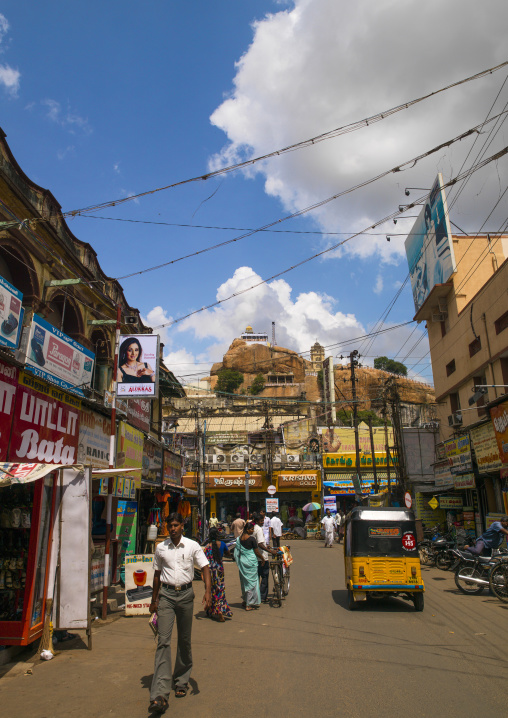Shopping Street With At The Background The Rock Fort Temple Overlooking The City, Trichy, India