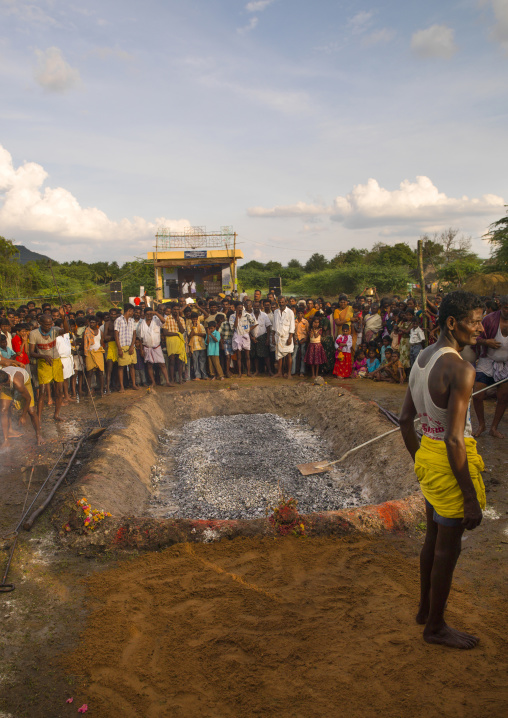 The Crowd Behind A Trench Of Ashes Ready For Fire Walking In Tamil Nadu, Madurai, South India