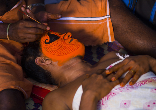 Theyyam Artist Having Make Up Applied, Thalassery, India