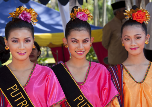 Three Girls At Beauty Contest, Mataram, Lombok Island, Indonesia