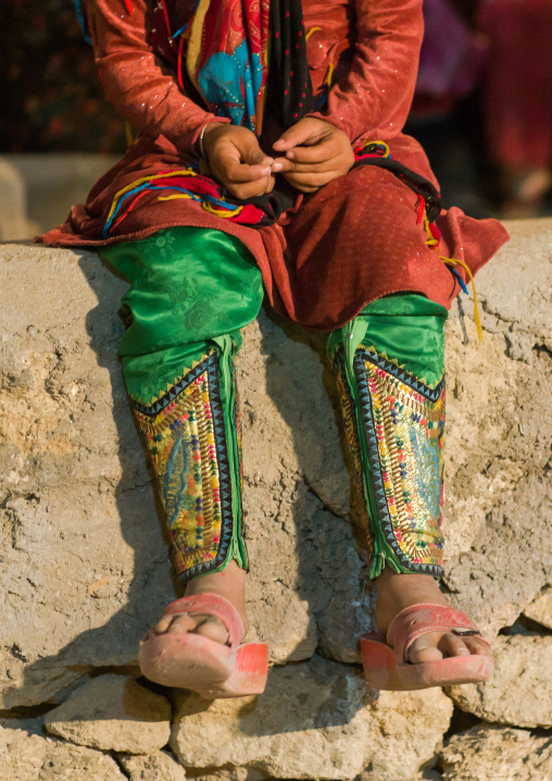 girl wearing an embroidered traditional trousers, Qeshm Island, Salakh, Iran