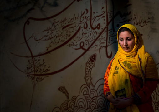 portrait of beautiful young veiled woman in front of iranian calligraphy, Qeshm Island, Salakh, Iran