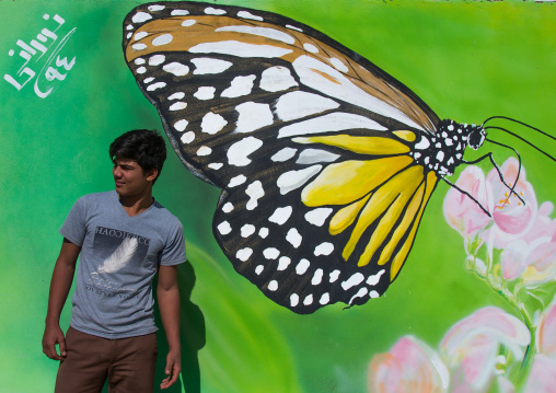 man in front of a painted butterfly on a wall, Hormozgan, Bandar Abbas, Iran