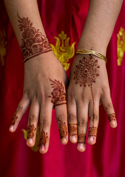 henna tattooed hands during a wedding ceremony, Hormozgan, Bandar-e Kong, Iran