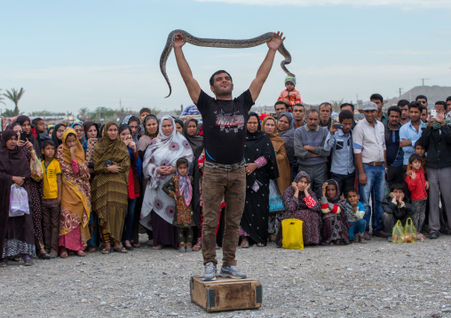 man showing a snake to the spectators during a show on a market, Hormozgan, Minab, Iran