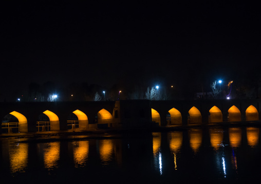 a view of the shahrestan bridge at night highlighting the arches, Isfahan Province, isfahan, Iran