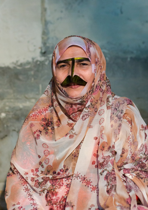 a bandari woman wearing a traditional mask called the burqa, Qeshm Island, Salakh, Iran
