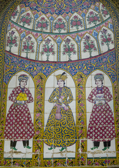 Colourful hand-painted tiles at the narenjestan house and gardens, Fars province, Shiraz, Iran