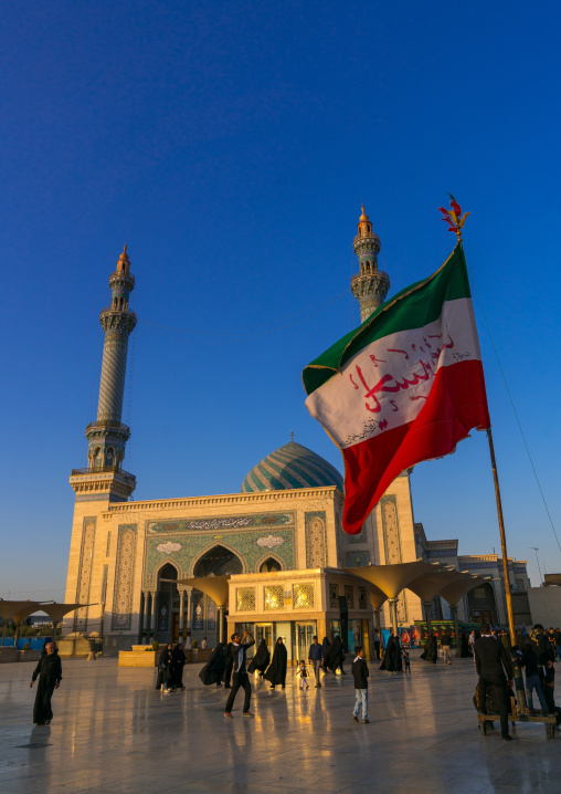 Giant iranian flag in front of Imam Hassan mosque during Muharram, Central County, Qom, Iran
