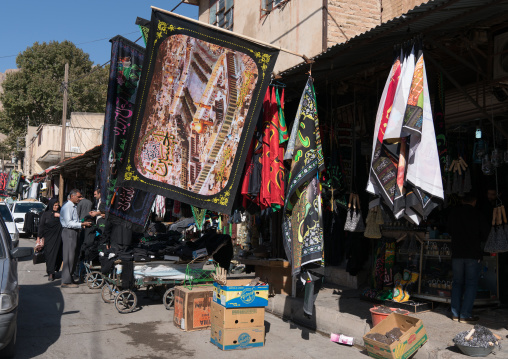 Flags sold for Muharram and Ashura in the street, Lorestan Province, Khorramabad, Iran